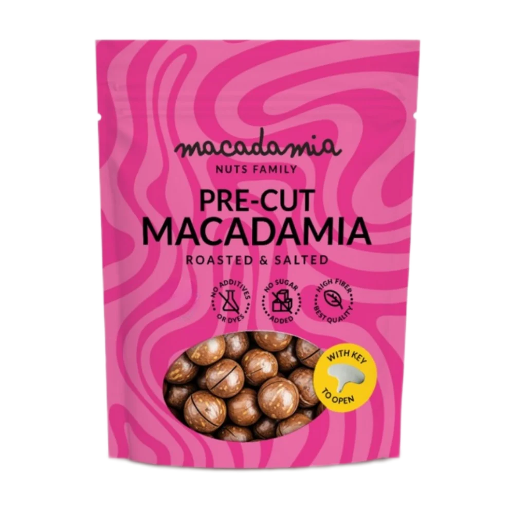 Įpjauti skrudinti sūdyti makadamijų riešutai, 150g