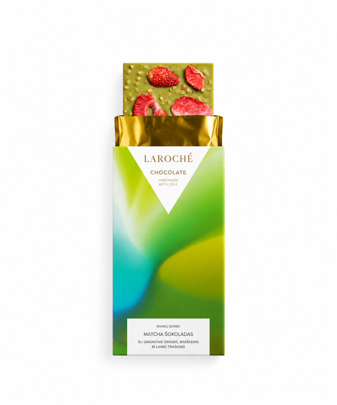 Matcha šokoladas su daigintais grikiais, braškėmis ir laimo traškiais, 90g
